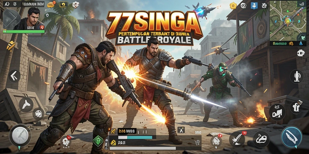 Tampilan gameplay dinamis dalam 77SINGA dengan aksi Battle Royale yang intens.