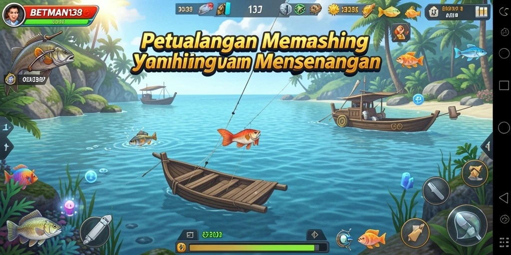 Screenshot permainan BETMAN138 menampilkan proses menangkap ikan di laut yang indah.