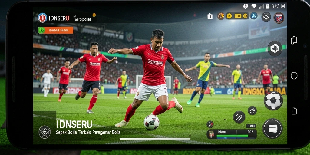 Screenshot gameplay IDNSERU menampilkan aksi seru pertandingan sepak bola.