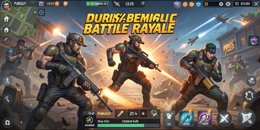 Screenshot utama gameplay PURISLOT dengan aksi Battle Royale yang mendebarkan.