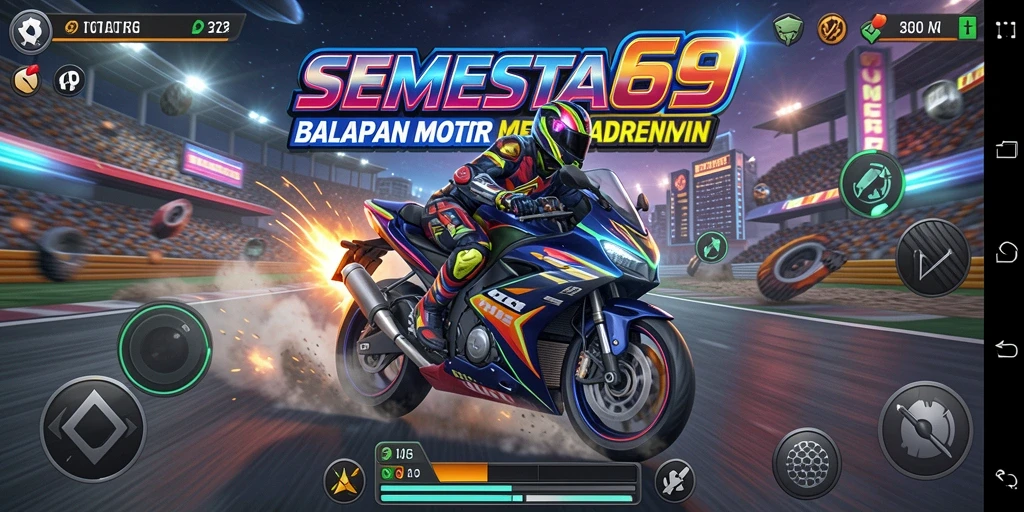 Screenshot gameplay SEMESTA69 menunjukkan balapan motor yang mendebarkan.